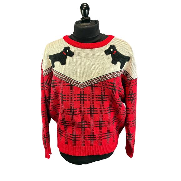 Vintage Hasting & Smith Scottie Scottish Terrier Dog Red Checkered Sweater Sz L - Picture 1 of 11